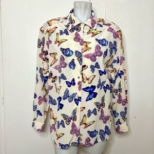 Vintage 80s/90s Fy2 Colorful Butterfly Button Up Collared Silk Blouse